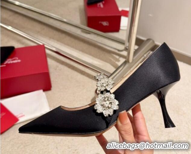 Good Quality Roger Vivier Efflorescence Mary Jane Pumps 6.5cm in satin with flora strass buckle Black 0225003