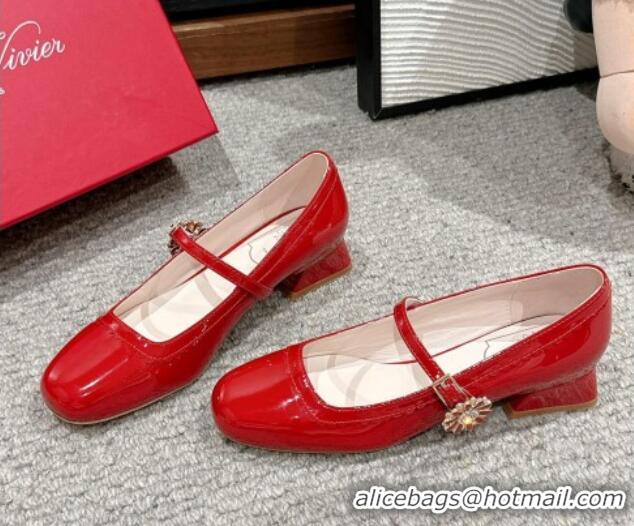 Grade Quality Roger Vivier Très Vivier Mary Janes Pumps 2.5cm in patent leather with flower buckle Red 0225004