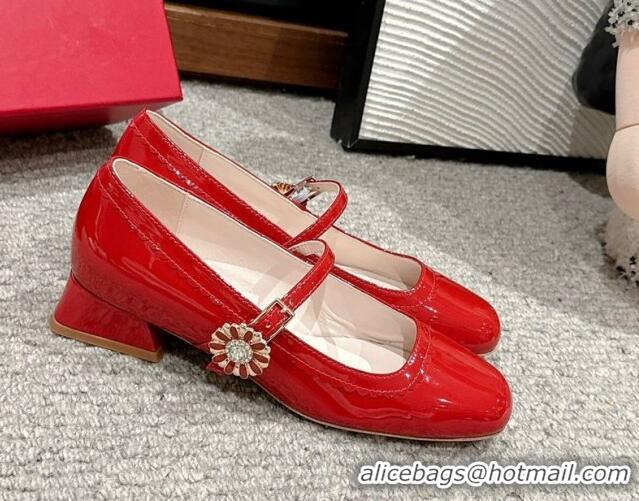 Grade Quality Roger Vivier Très Vivier Mary Janes Pumps 2.5cm in patent leather with flower buckle Red 0225004