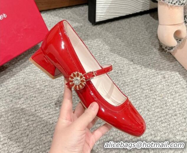 Grade Quality Roger Vivier Très Vivier Mary Janes Pumps 2.5cm in patent leather with flower buckle Red 0225004