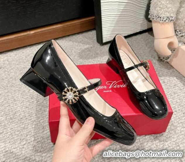 Best Price Roger Vivier Très Vivier Mary Janes Pumps 2.5cm in patent leather with flower buckle Black 0225006