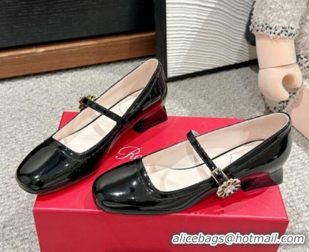 Best Price Roger Vivier Très Vivier Mary Janes Pumps 2.5cm in patent leather with flower buckle Black 0225006