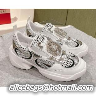 Popular Style Roger Vivier Viv' on the Run Sneakers in leather and fabric mesh with strass buckle White 0225008