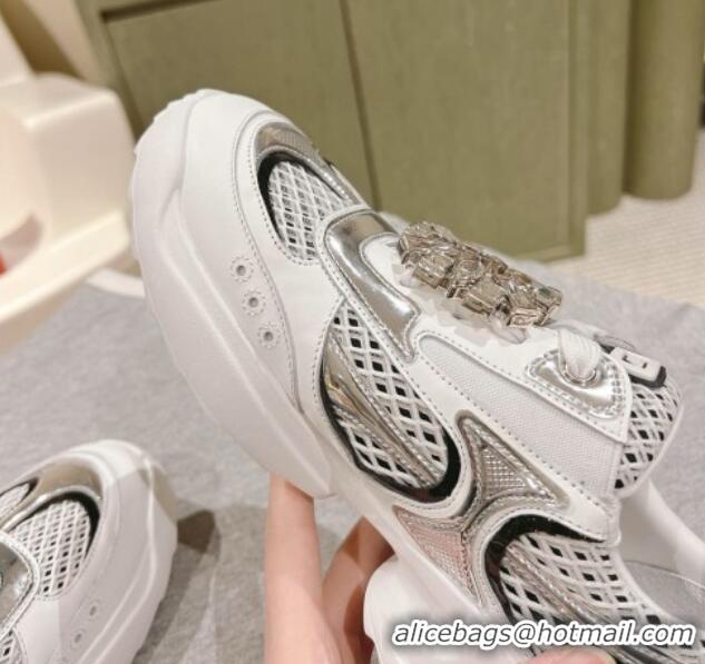 Popular Style Roger Vivier Viv' on the Run Sneakers in leather and fabric mesh with strass buckle White 0225008