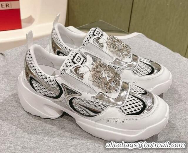 Popular Style Roger Vivier Viv' on the Run Sneakers in leather and fabric mesh with strass buckle White 0225008