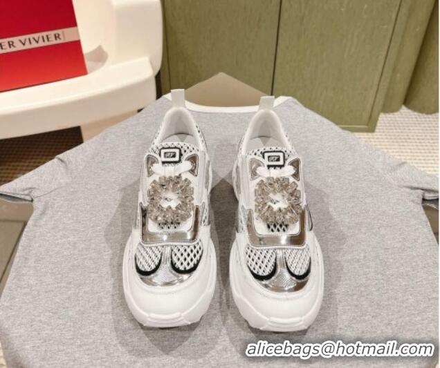 Popular Style Roger Vivier Viv' on the Run Sneakers in leather and fabric mesh with strass buckle White 0225008