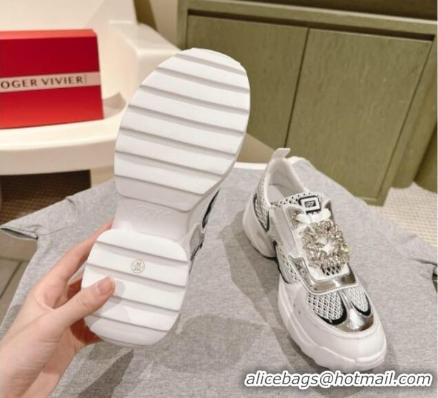 Popular Style Roger Vivier Viv' on the Run Sneakers in leather and fabric mesh with strass buckle White 0225008