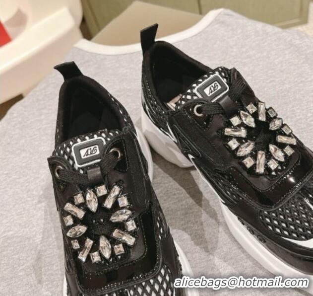 Hot Style Roger Vivier Viv' on the Run Sneakers in leather and fabric mesh with strass buckle Black 0225009