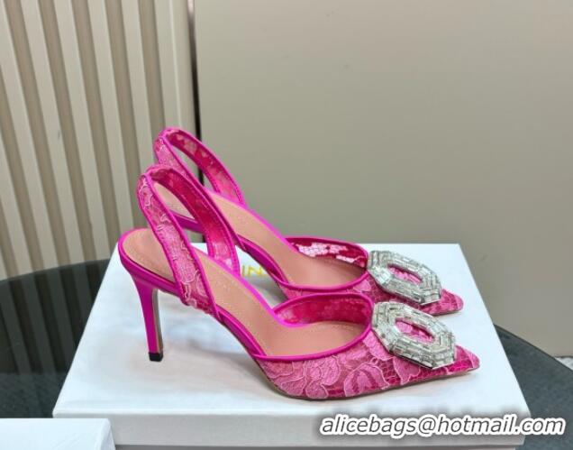 Sophisticated Amina Muaddi Camelia Slingback Pumps 9.8cm in Lace with Rectangular Strass Buckle Pink 0219023