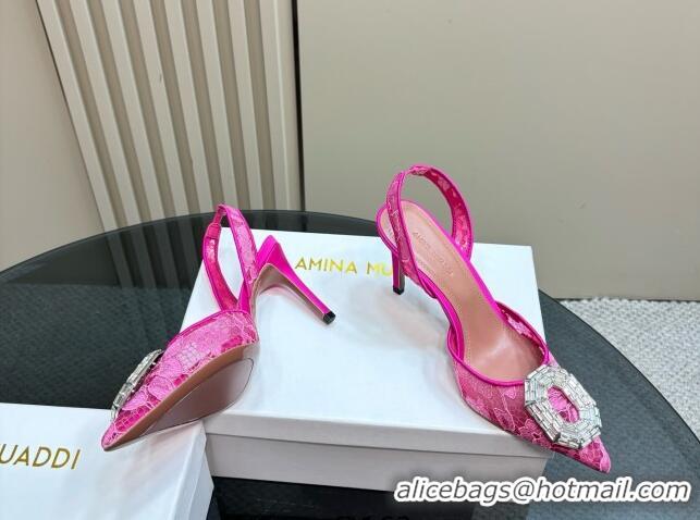 Sophisticated Amina Muaddi Camelia Slingback Pumps 9.8cm in Lace with Rectangular Strass Buckle Pink 0219023