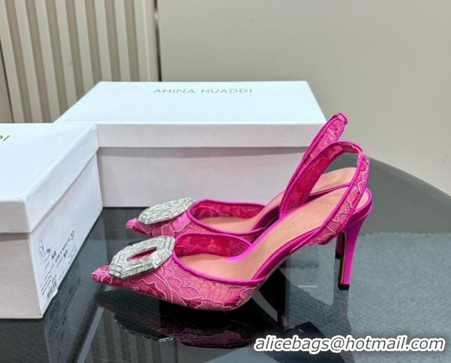 Sophisticated Amina Muaddi Camelia Slingback Pumps 9.8cm in Lace with Rectangular Strass Buckle Pink 0219023