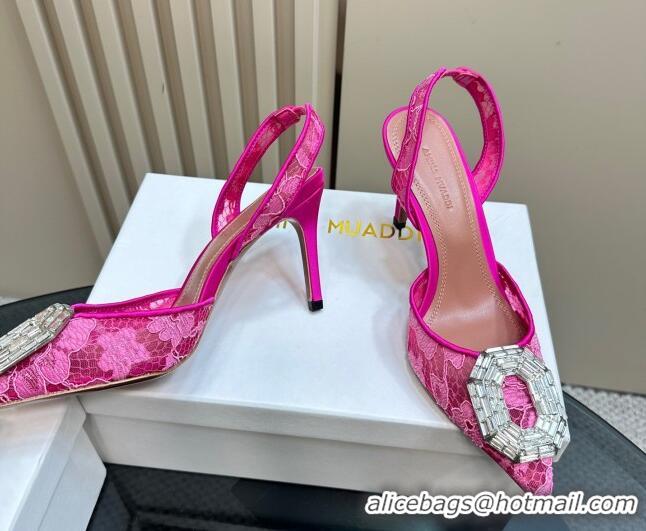 Sophisticated Amina Muaddi Camelia Slingback Pumps 9.8cm in Lace with Rectangular Strass Buckle Pink 0219023