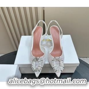 Perfect Amina Muaddi Camelia Slingback Pumps 9.8cm in Lace with Rectangular Strass Buckle White 0219024