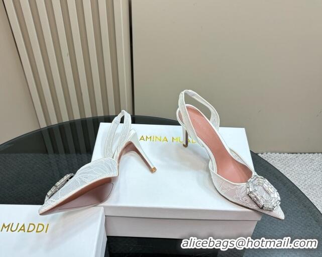 Perfect Amina Muaddi Camelia Slingback Pumps 9.8cm in Lace with Rectangular Strass Buckle White 0219024