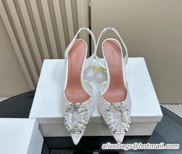 Perfect Amina Muaddi Camelia Slingback Pumps 9.8cm in Lace with Rectangular Strass Buckle White 0219024