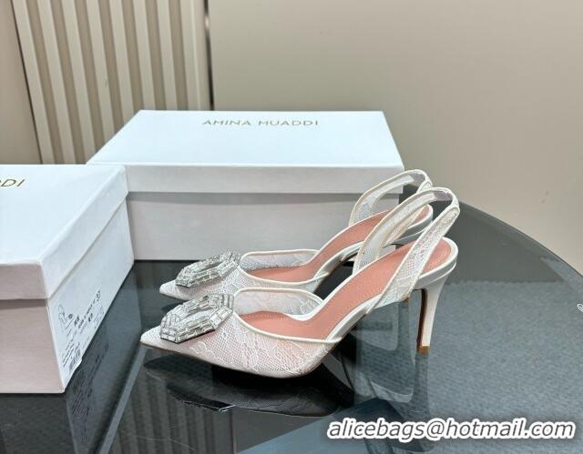 Perfect Amina Muaddi Camelia Slingback Pumps 9.8cm in Lace with Rectangular Strass Buckle White 0219024