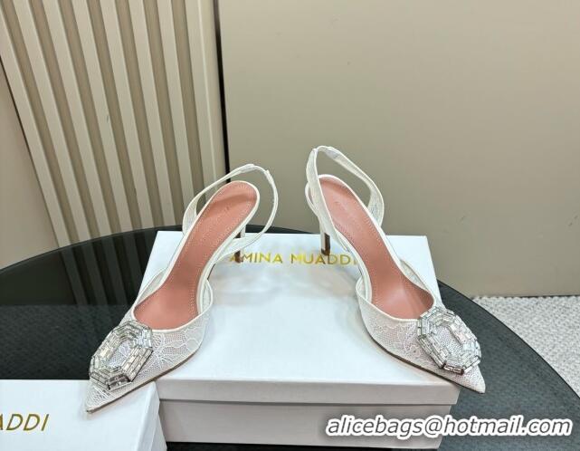 Perfect Amina Muaddi Camelia Slingback Pumps 9.8cm in Lace with Rectangular Strass Buckle White 0219024