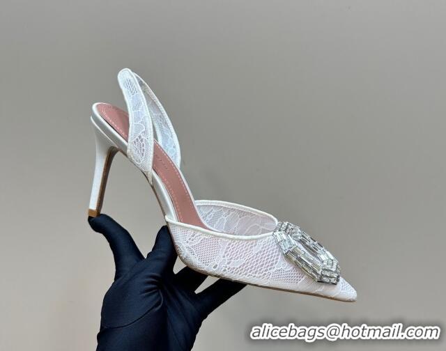 Perfect Amina Muaddi Camelia Slingback Pumps 9.8cm in Lace with Rectangular Strass Buckle White 0219024