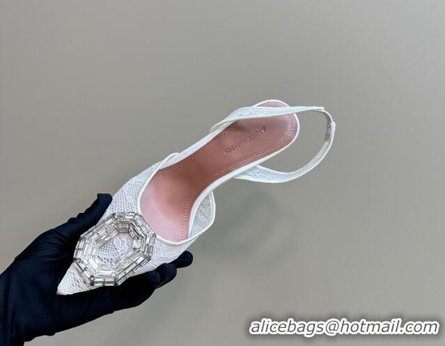 Perfect Amina Muaddi Camelia Slingback Pumps 9.8cm in Lace with Rectangular Strass Buckle White 0219024