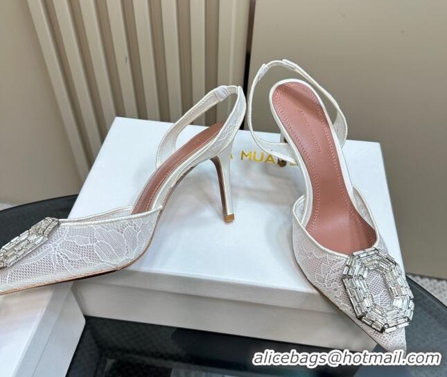 Perfect Amina Muaddi Camelia Slingback Pumps 9.8cm in Lace with Rectangular Strass Buckle White 0219024