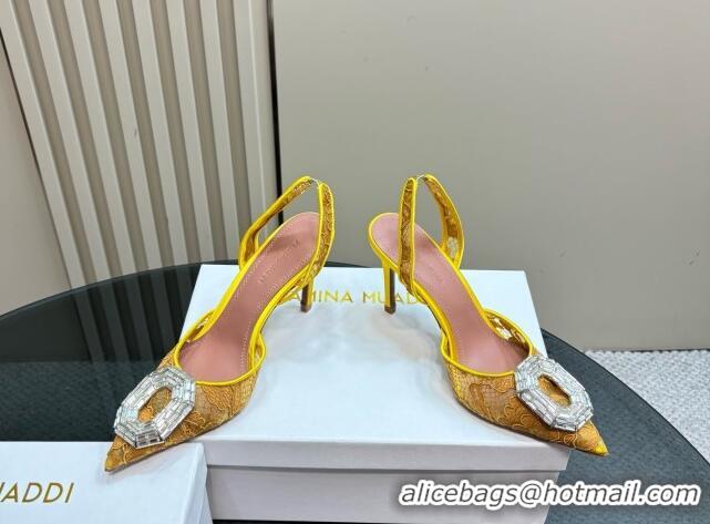 Best Product Amina Muaddi Camelia Slingback Pumps 9.8cm in Lace with Rectangular Strass Buckle Yellow 0219025