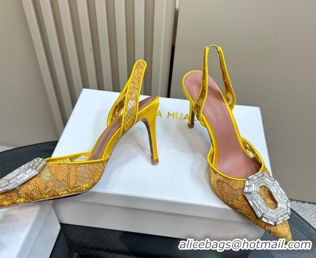 Best Product Amina Muaddi Camelia Slingback Pumps 9.8cm in Lace with Rectangular Strass Buckle Yellow 0219025