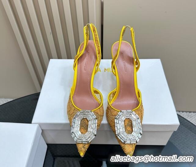 Best Product Amina Muaddi Camelia Slingback Pumps 9.8cm in Lace with Rectangular Strass Buckle Yellow 0219025