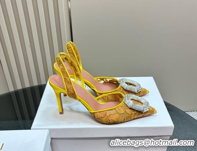 Best Product Amina Muaddi Camelia Slingback Pumps 9.8cm in Lace with Rectangular Strass Buckle Yellow 0219025