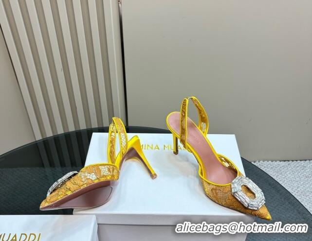 Best Product Amina Muaddi Camelia Slingback Pumps 9.8cm in Lace with Rectangular Strass Buckle Yellow 0219025