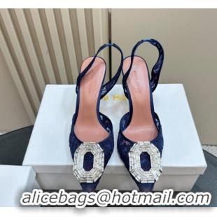 Classic Hot Amina Muaddi Camelia Slingback Pumps 9.8cm in Lace with Rectangular Strass Buckle Blue 0219026