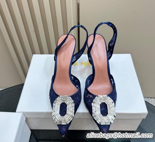 Classic Hot Amina Muaddi Camelia Slingback Pumps 9.8cm in Lace with Rectangular Strass Buckle Blue 0219026