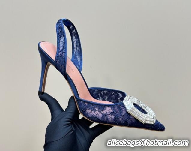 Classic Hot Amina Muaddi Camelia Slingback Pumps 9.8cm in Lace with Rectangular Strass Buckle Blue 0219026