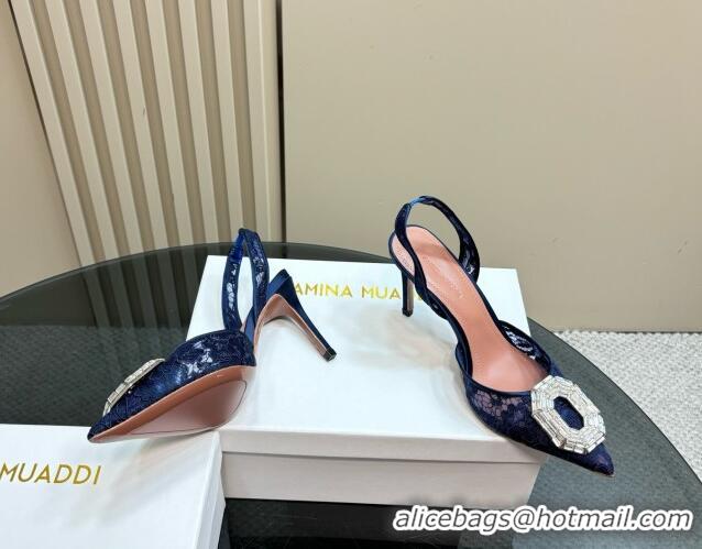 Classic Hot Amina Muaddi Camelia Slingback Pumps 9.8cm in Lace with Rectangular Strass Buckle Blue 0219026