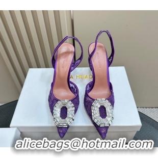 Stylish Amina Muaddi Camelia Slingback Pumps 9.8cm in Lace with Rectangular Strass Buckle Purple 0219027