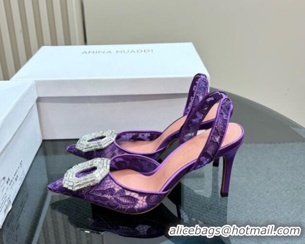 Stylish Amina Muaddi Camelia Slingback Pumps 9.8cm in Lace with Rectangular Strass Buckle Purple 0219027