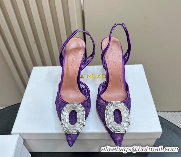 Stylish Amina Muaddi Camelia Slingback Pumps 9.8cm in Lace with Rectangular Strass Buckle Purple 0219027