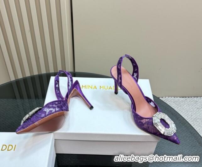 Stylish Amina Muaddi Camelia Slingback Pumps 9.8cm in Lace with Rectangular Strass Buckle Purple 0219027