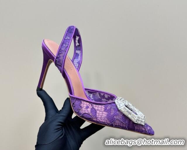 Stylish Amina Muaddi Camelia Slingback Pumps 9.8cm in Lace with Rectangular Strass Buckle Purple 0219027