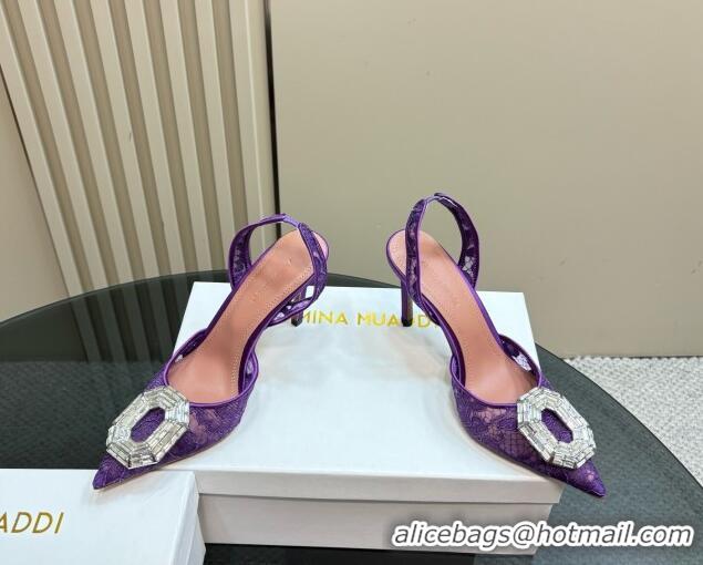 Stylish Amina Muaddi Camelia Slingback Pumps 9.8cm in Lace with Rectangular Strass Buckle Purple 0219027