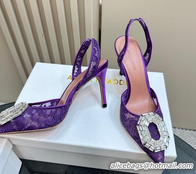 Stylish Amina Muaddi Camelia Slingback Pumps 9.8cm in Lace with Rectangular Strass Buckle Purple 0219027