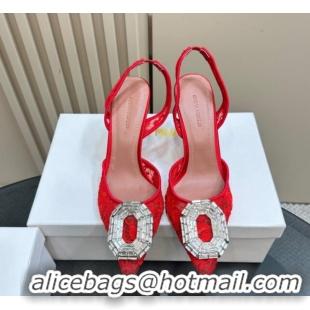 Buy Luxury Amina Muaddi Camelia Slingback Pumps 9.8cm in Lace with Rectangular Strass Buckle Red 0219028