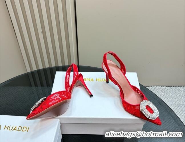 Buy Luxury Amina Muaddi Camelia Slingback Pumps 9.8cm in Lace with Rectangular Strass Buckle Red 0219028