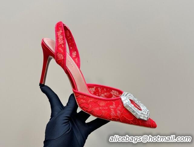 Buy Luxury Amina Muaddi Camelia Slingback Pumps 9.8cm in Lace with Rectangular Strass Buckle Red 0219028