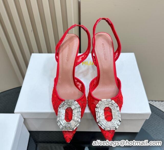 Buy Luxury Amina Muaddi Camelia Slingback Pumps 9.8cm in Lace with Rectangular Strass Buckle Red 0219028