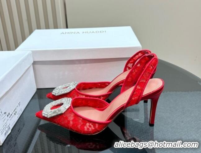 Buy Luxury Amina Muaddi Camelia Slingback Pumps 9.8cm in Lace with Rectangular Strass Buckle Red 0219028