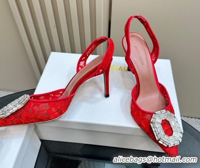 Buy Luxury Amina Muaddi Camelia Slingback Pumps 9.8cm in Lace with Rectangular Strass Buckle Red 0219028