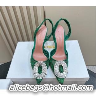 Top Grade Amina Muaddi Camelia Slingback Pumps 9.8cm in Lace with Rectangular Strass Buckle Green 0219029