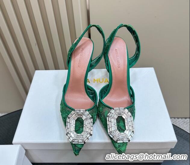 Top Grade Amina Muaddi Camelia Slingback Pumps 9.8cm in Lace with Rectangular Strass Buckle Green 0219029