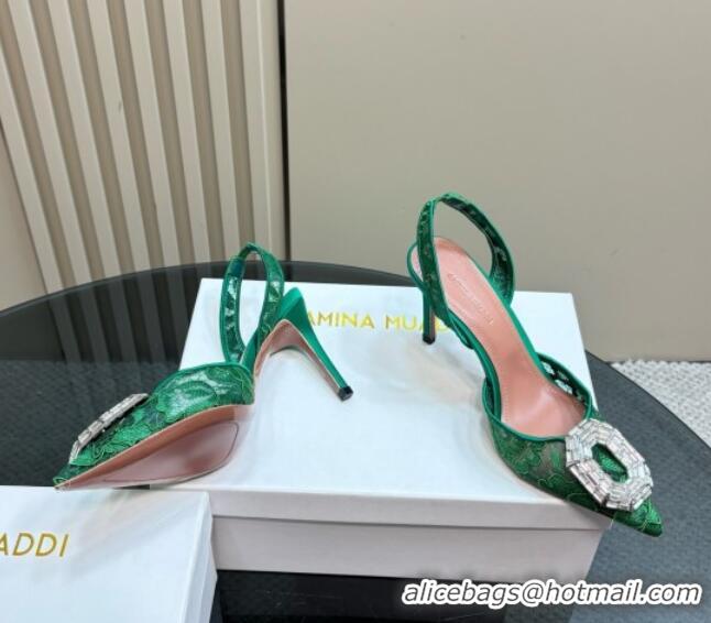 Top Grade Amina Muaddi Camelia Slingback Pumps 9.8cm in Lace with Rectangular Strass Buckle Green 0219029