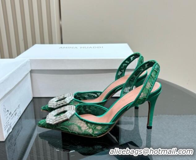 Top Grade Amina Muaddi Camelia Slingback Pumps 9.8cm in Lace with Rectangular Strass Buckle Green 0219029